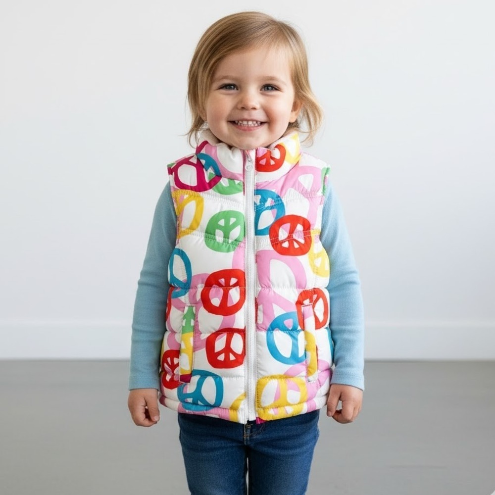 Girls Old Navy Puffer Vest Multi Color Peace Sign Zip Up Toddler X Small 5